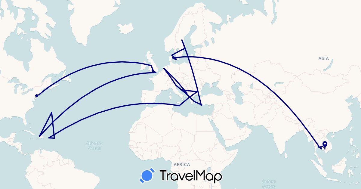 TravelMap itinerary: driving in Bulgaria, Bermuda, Denmark, United Kingdom, Greece, Croatia, Haiti, Italy, Cambodia, Montenegro, Malta, Netherlands, Sweden, Thailand, United States (Asia, Europe, North America)
